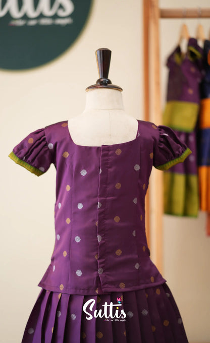 Blended Silk Pavadai Sattai - Dark Purple and Leaf Green - Kids-Suttis