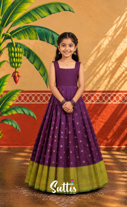 Blended Silk Pavadai Sattai - Dark Purple and Leaf Green - Kids-Suttis
