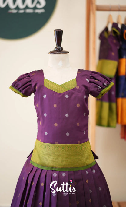 Blended Silk Pavadai Sattai - Dark Purple and Leaf Green - Kids-Suttis