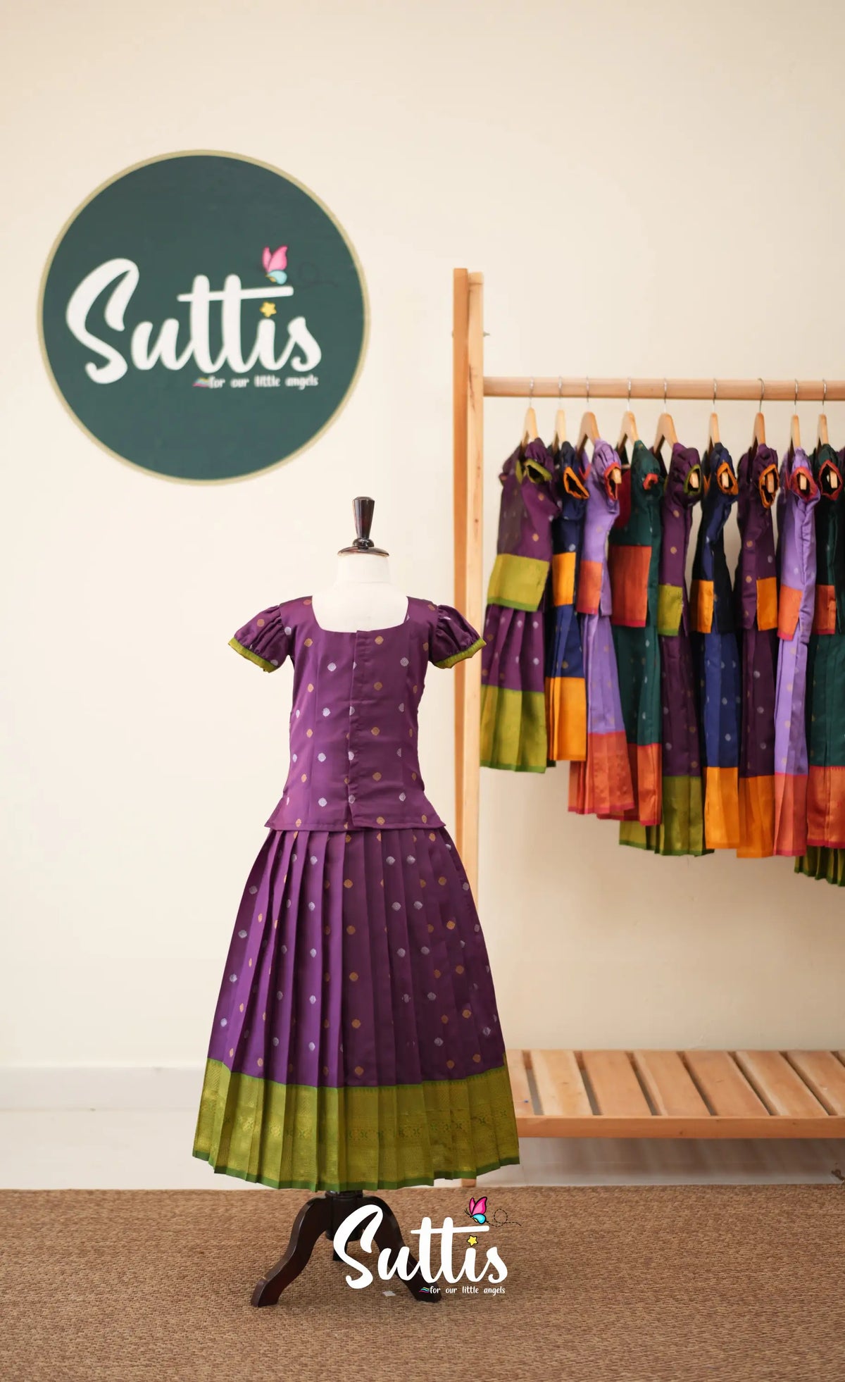 Blended Silk Pavadai Sattai - Dark Purple and Leaf Green - Kids-Suttis