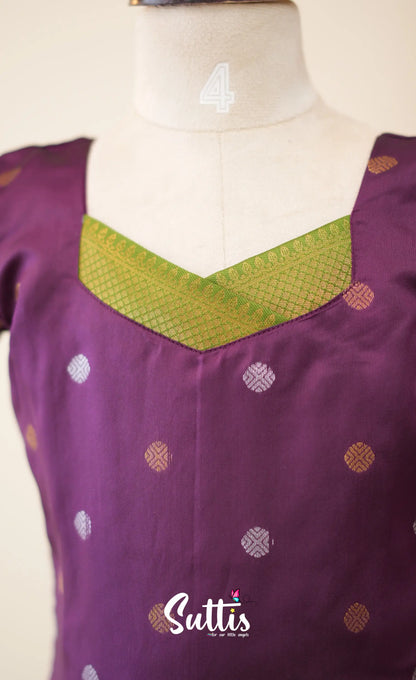 Blended Silk Pavadai Sattai - Dark Purple and Leaf Green - Kids-Suttis