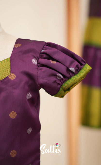 Blended Silk Pavadai Sattai - Dark Purple and Leaf Green - Kids-Suttis