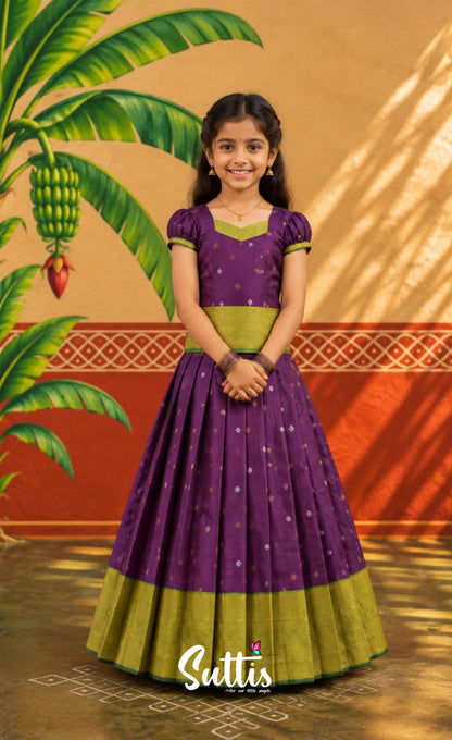 Blended Silk Pavadai Sattai - Dark Purple and Leaf Green - Kids-Suttis