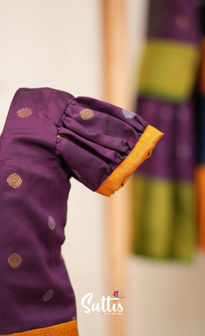 Blended Silk Pavadai Sattai - Dark Purple and Mustard - Kids-Suttis