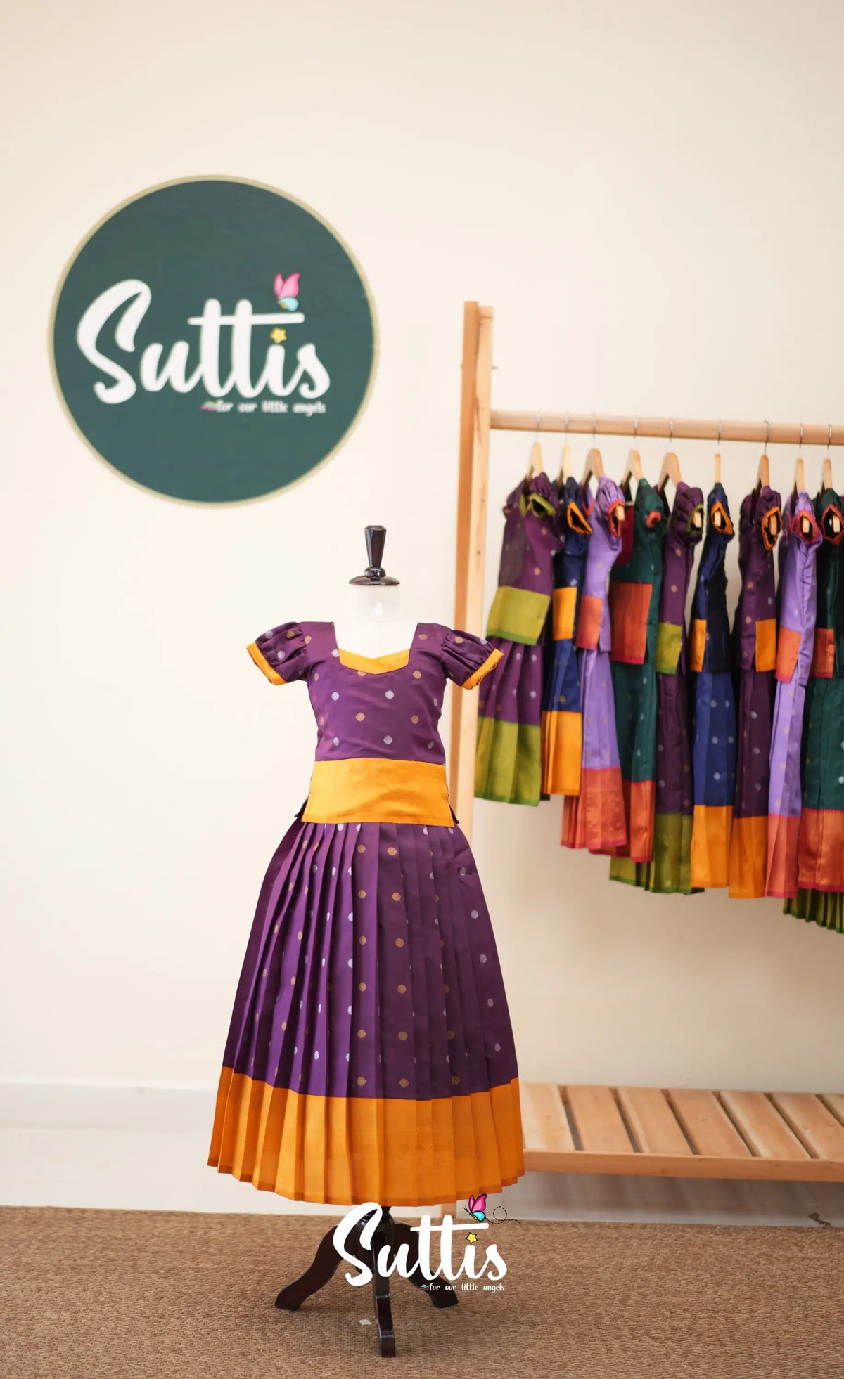 Blended Silk Pavadai Sattai - Dark Purple and Mustard - Kids-Suttis