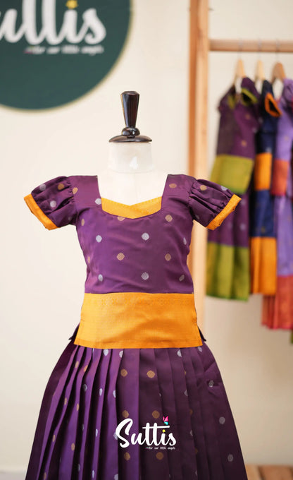 Blended Silk Pavadai Sattai - Dark Purple and Mustard - Kids-Suttis