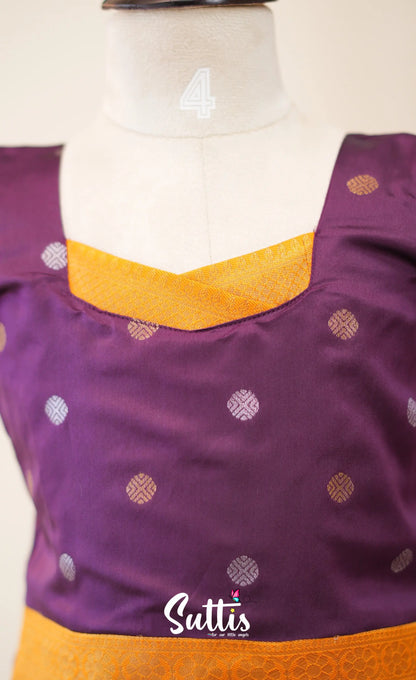 Blended Silk Pavadai Sattai - Dark Purple and Mustard - Kids-Suttis