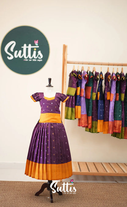 Blended Silk Pavadai Sattai - Dark Purple and Mustard - Kids-Suttis