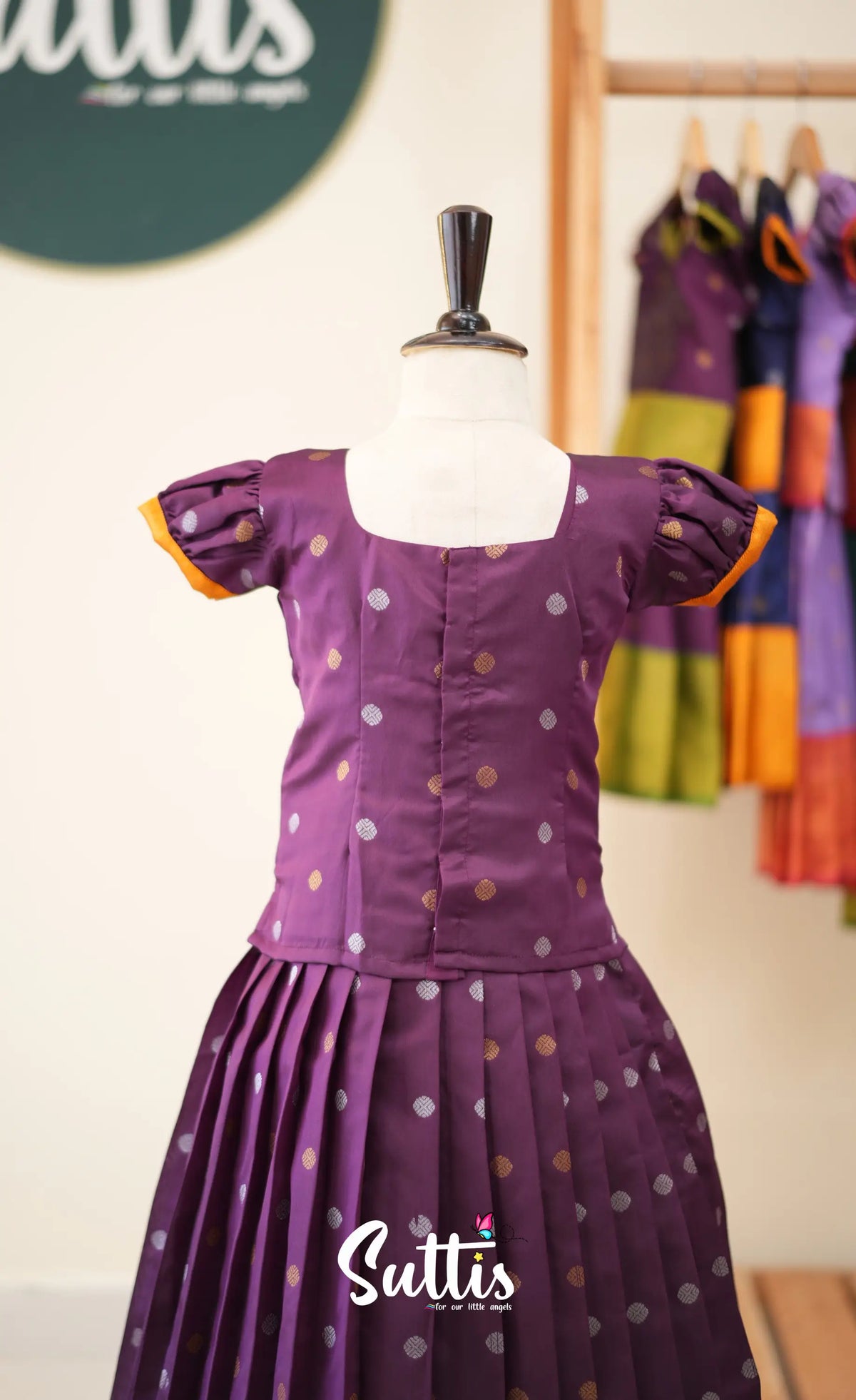 Blended Silk Pavadai Sattai - Dark Purple and Mustard - Kids-Suttis