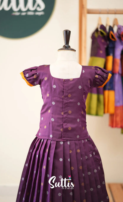 Blended Silk Pavadai Sattai - Dark Purple and Mustard - Kids-Suttis