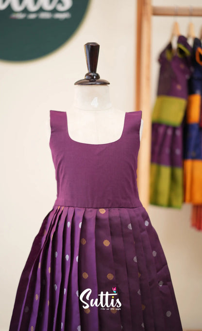 Blended Silk Pavadai Sattai - Dark Purple and Mustard - Kids-Suttis