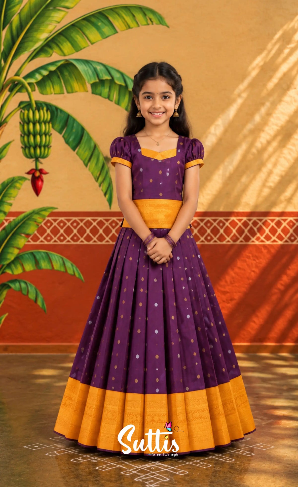 Blended Silk Pavadai Sattai - Dark Purple and Mustard - Kids-Suttis