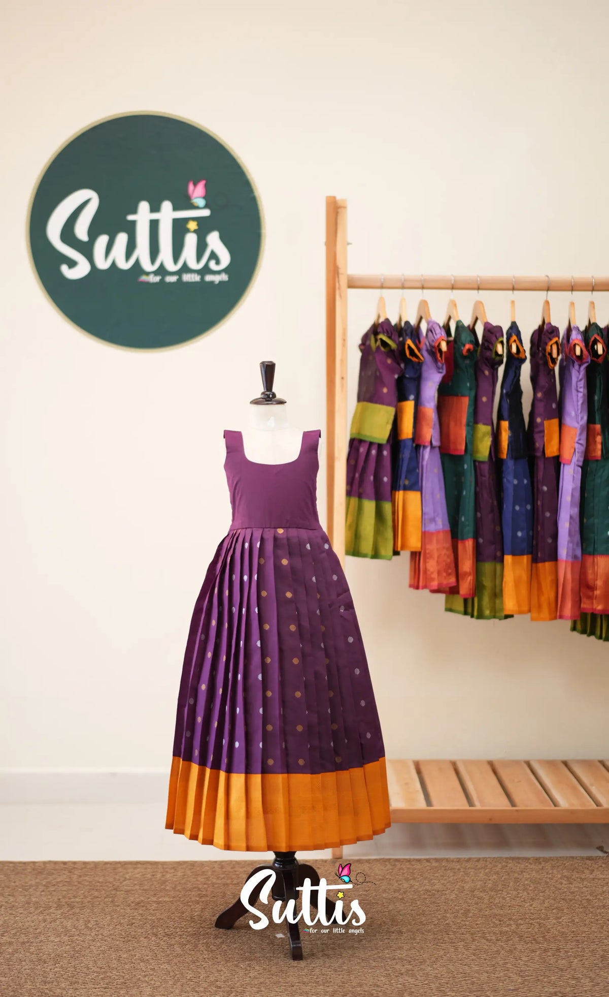 Blended Silk Pavadai Sattai - Dark Purple and Mustard - Kids-Suttis