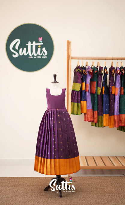 Blended Silk Pavadai Sattai - Dark Purple and Mustard - Kids-Suttis