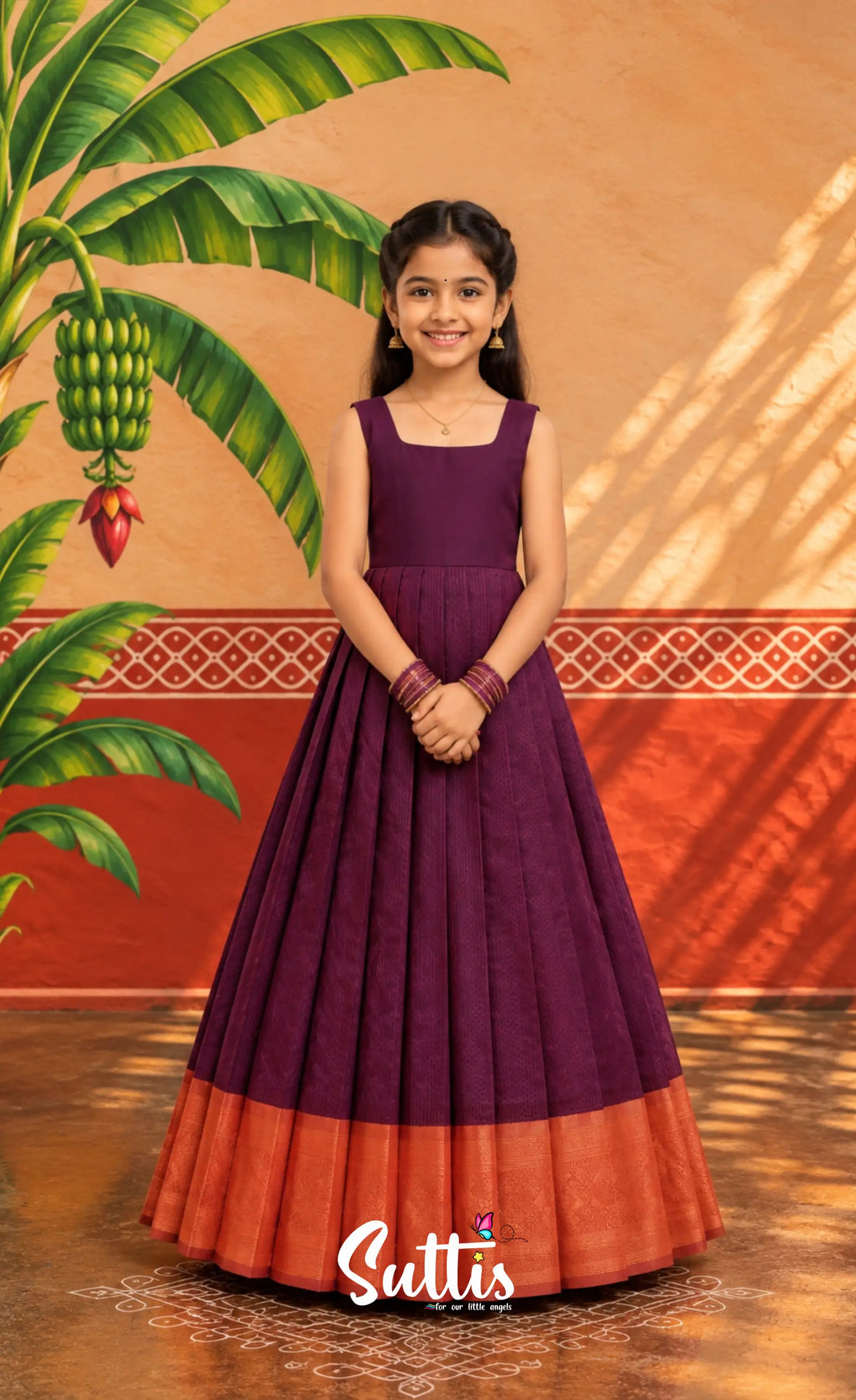 Blended Silk Pavadai Sattai - Dark Purple and Peach - Kids-Suttis