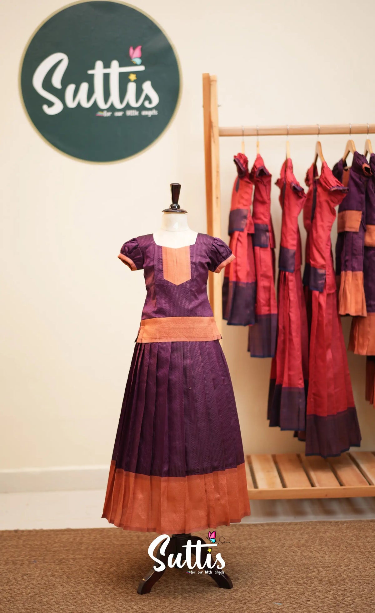 Blended Silk Pavadai Sattai - Dark Purple and Peach - Kids-Suttis