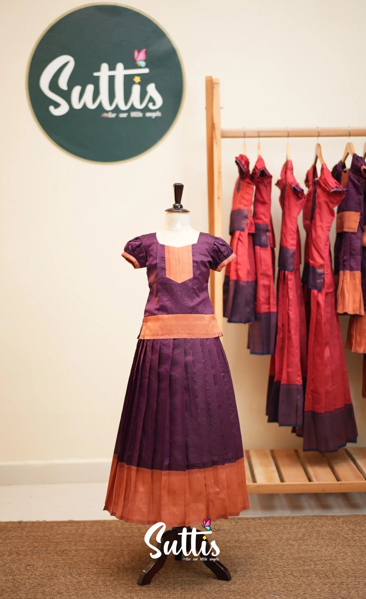 Blended Silk Pavadai Sattai - Dark Purple and Peach - Kids-Suttis