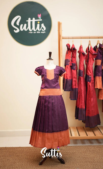 Blended Silk Pavadai Sattai - Dark Purple and Peach - Kids-Suttis