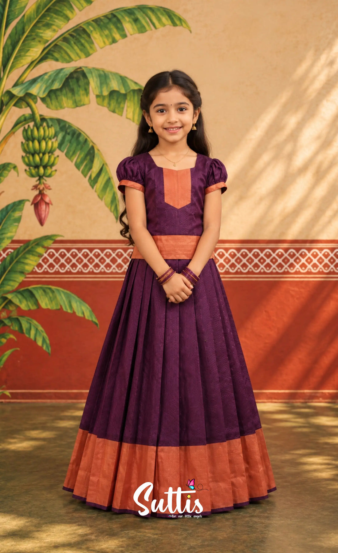 Blended Silk Pavadai Sattai - Dark Purple and Peach - Kids-Suttis