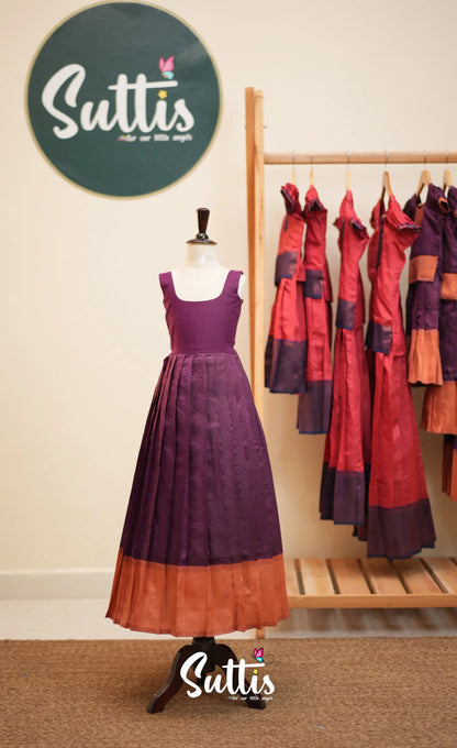Blended Silk Pavadai Sattai - Dark Purple and Peach - Kids-Suttis