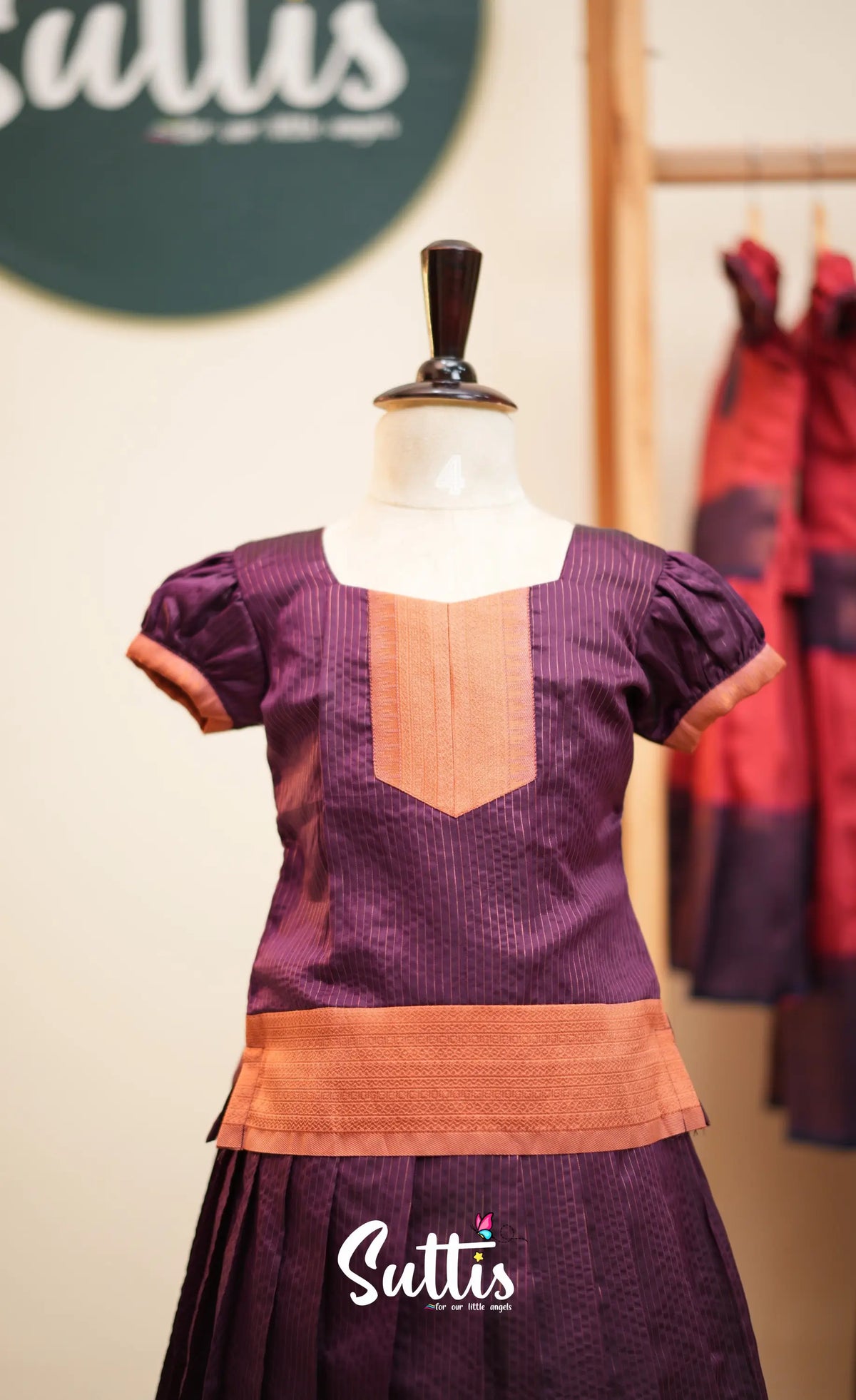 Blended Silk Pavadai Sattai - Dark Purple and Peach - Kids-Suttis
