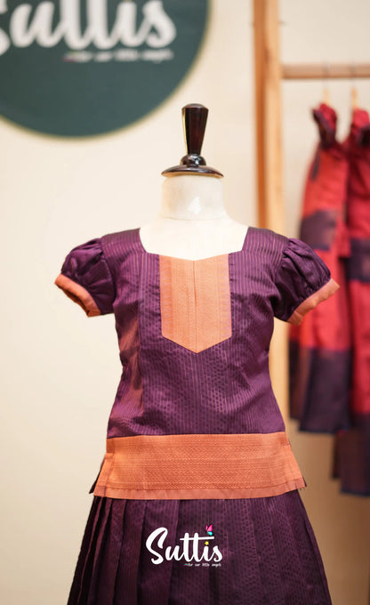 Blended Silk Pavadai Sattai - Dark Purple and Peach - Kids-Suttis