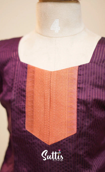 Blended Silk Pavadai Sattai - Dark Purple and Peach - Kids-Suttis