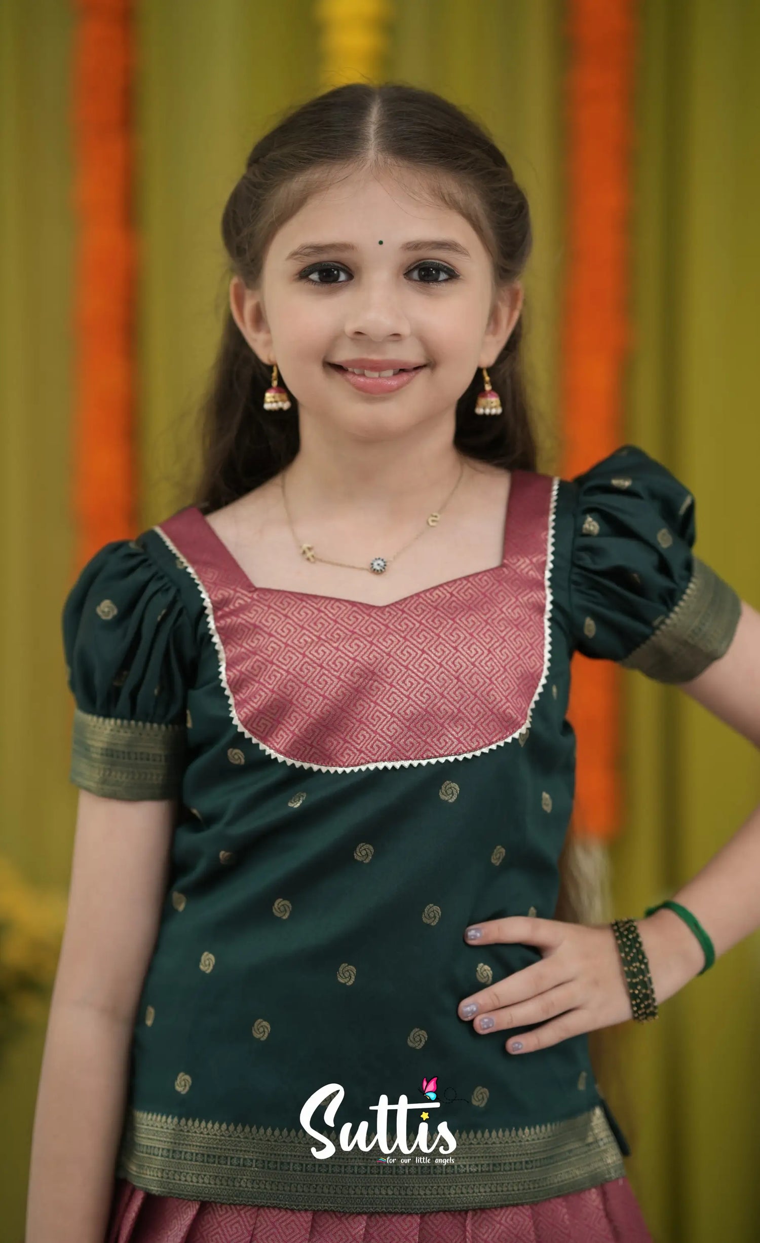 Blended Silk Pavadai Sattai - Deep Pink and Dark Green Kids-Suttis