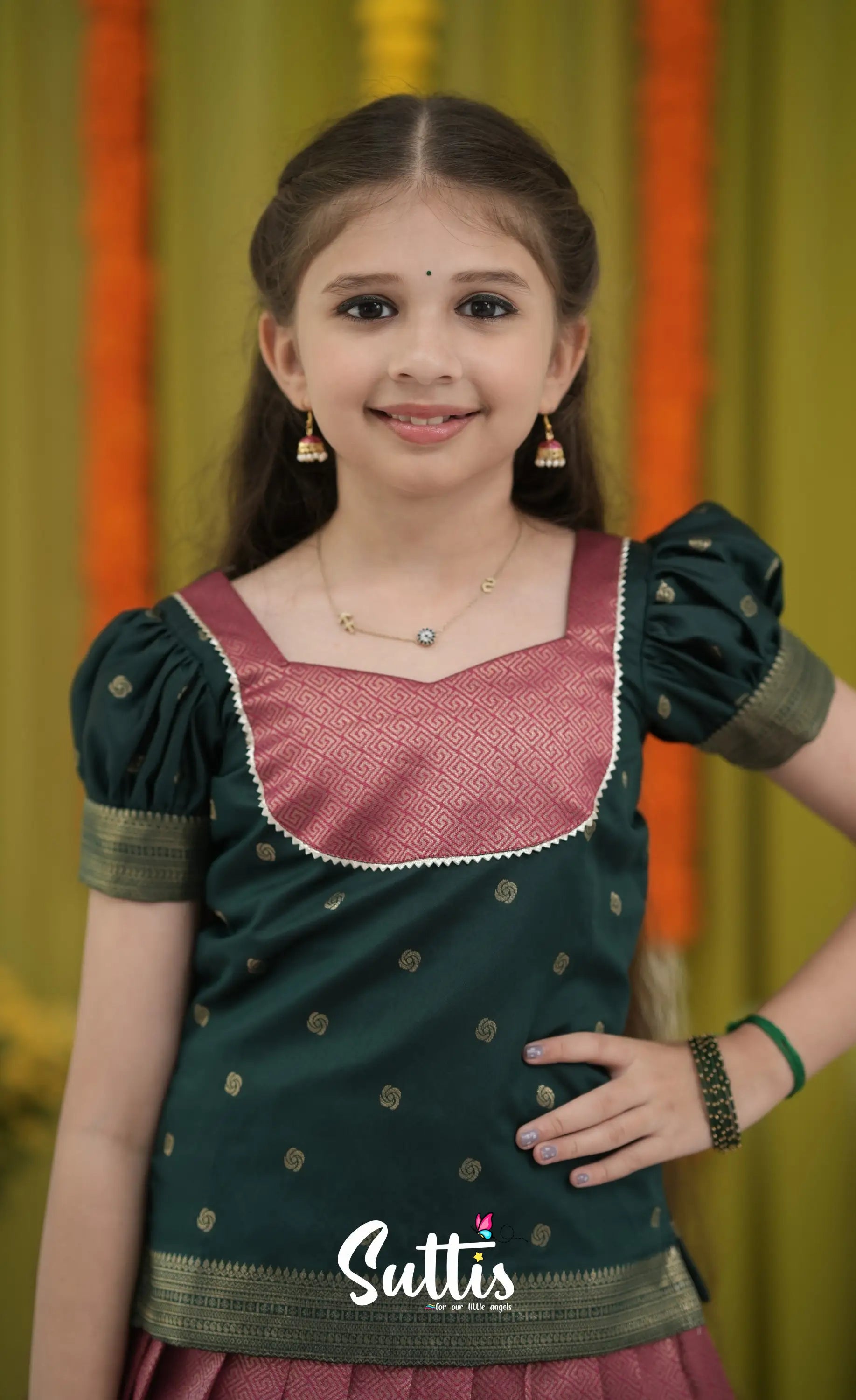 Blended Silk Pavadai Sattai - Deep Pink and Dark Green Kids-Suttis