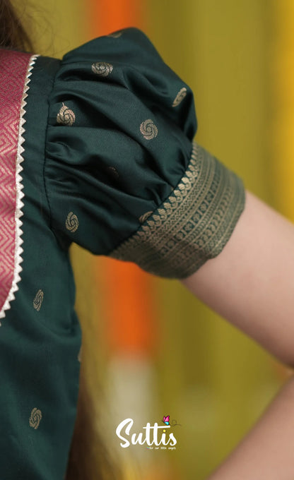 Blended Silk Pavadai Sattai - Deep Pink and Dark Green Kids-Suttis