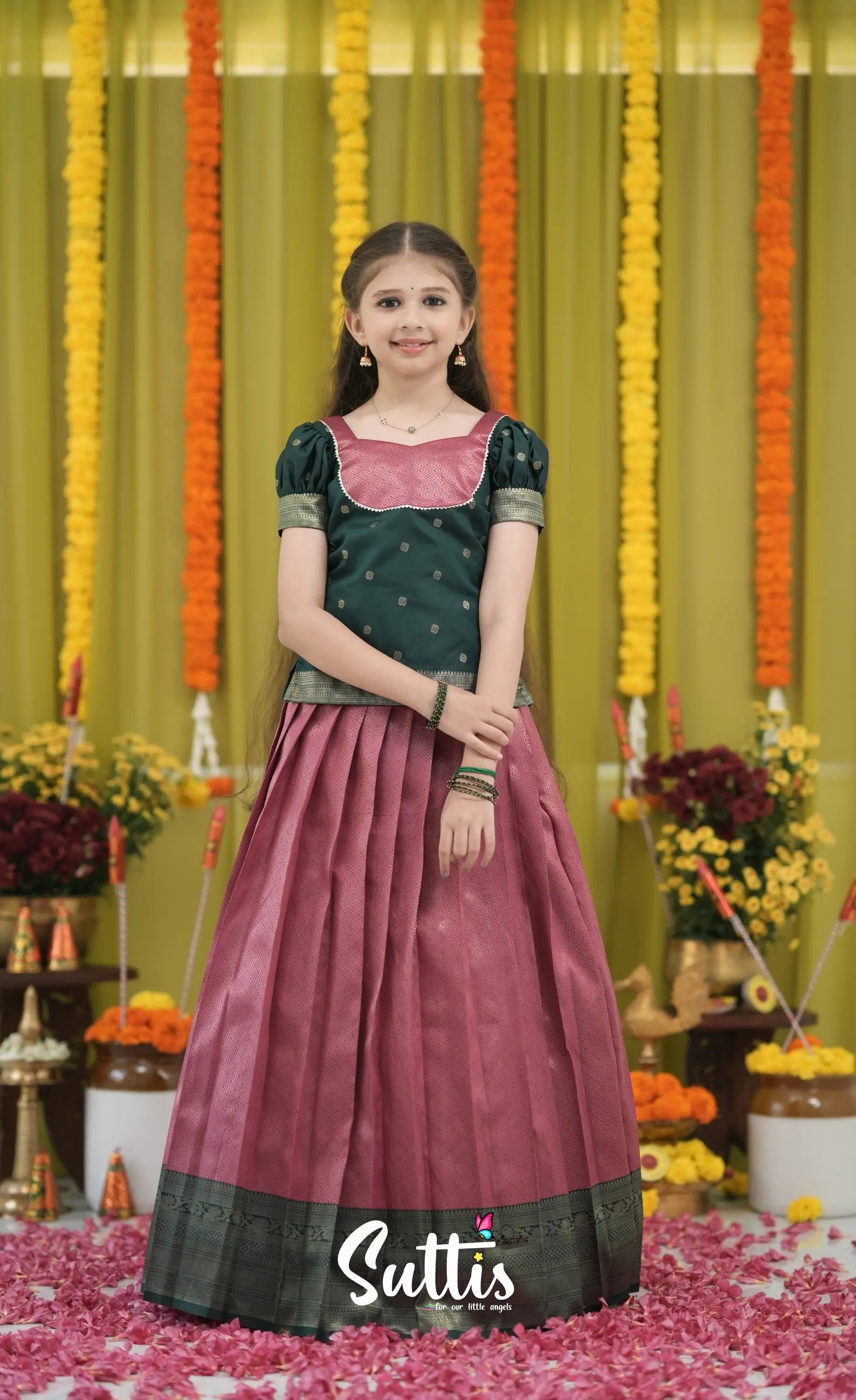 Blended Silk Pavadai Sattai - Deep Pink and Dark Green Kids-Suttis
