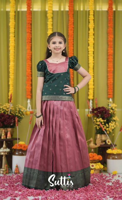 Blended Silk Pavadai Sattai - Deep Pink and Dark Green Kids-Suttis