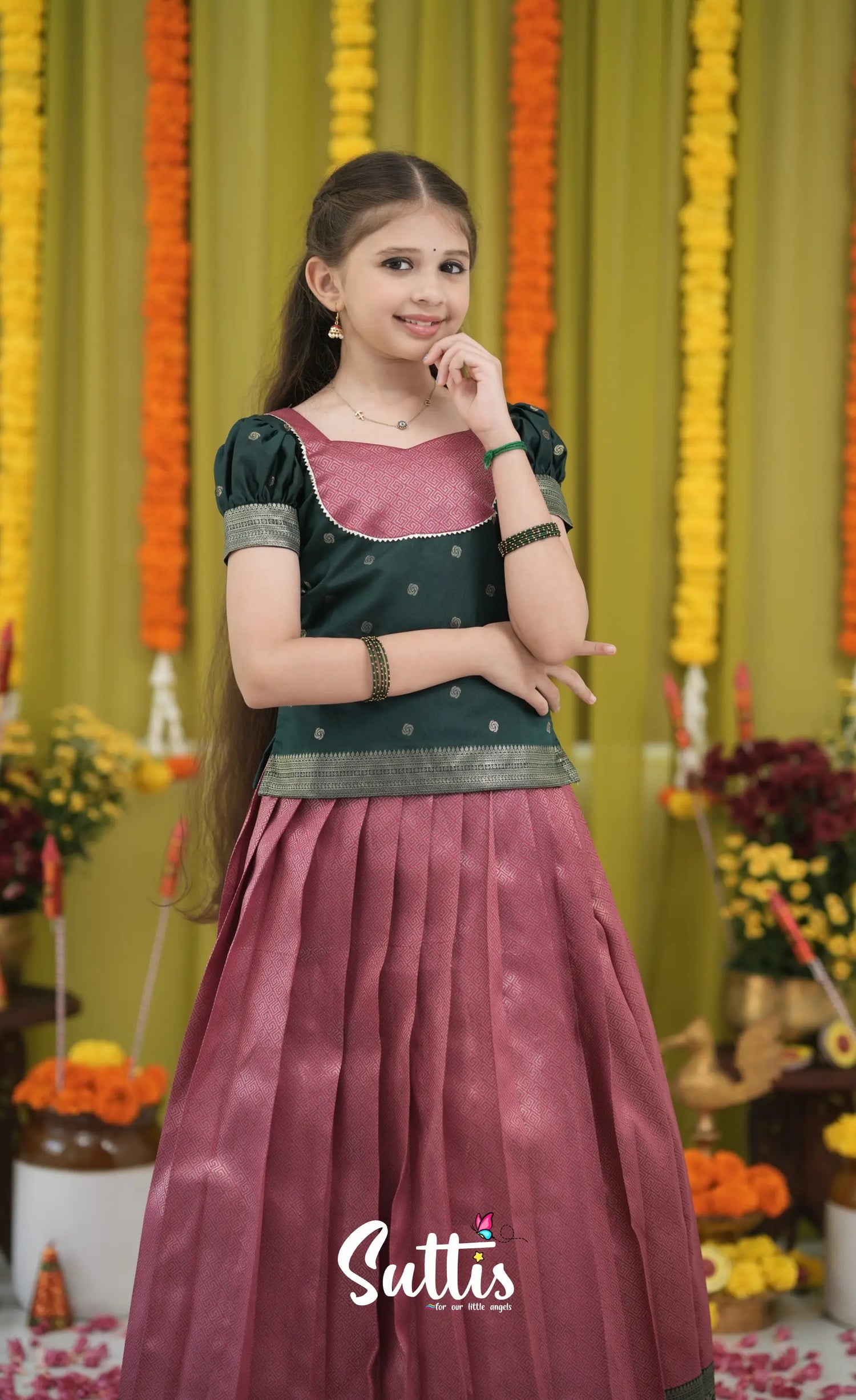 Blended Silk Pavadai Sattai - Deep Pink and Dark Green Kids-Suttis
