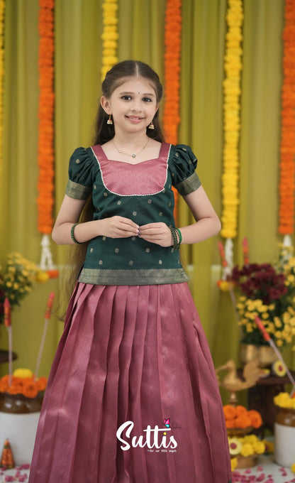 Blended Silk Pavadai Sattai - Deep Pink and Dark Green Kids-Suttis