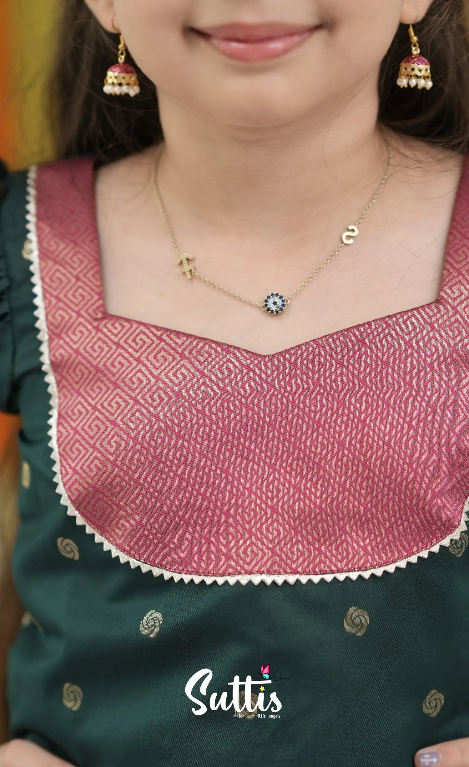 Blended Silk Pavadai Sattai - Deep Pink and Dark Green Kids-Suttis