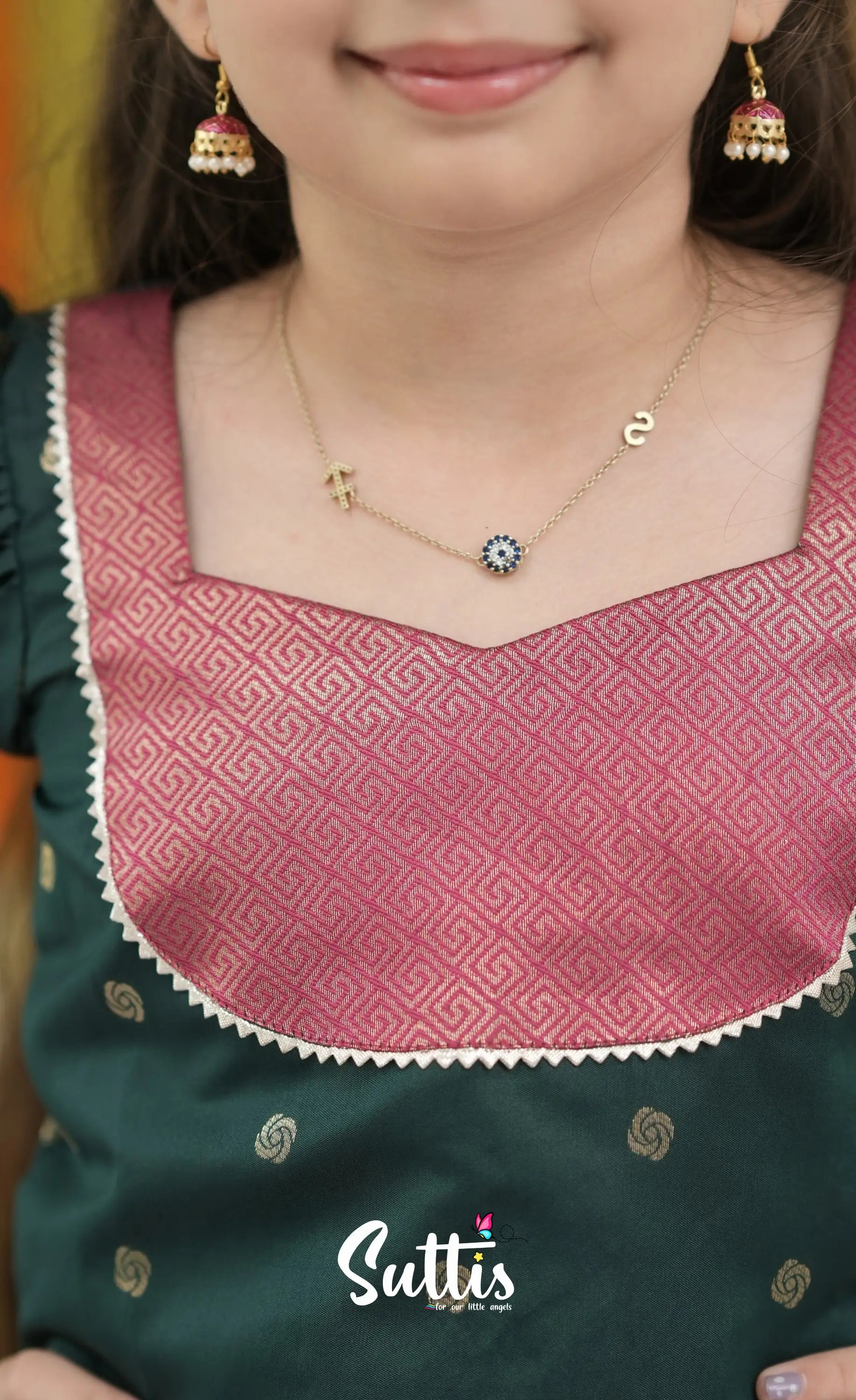 Blended Silk Pavadai Sattai - Deep Pink and Dark Green Kids-Suttis