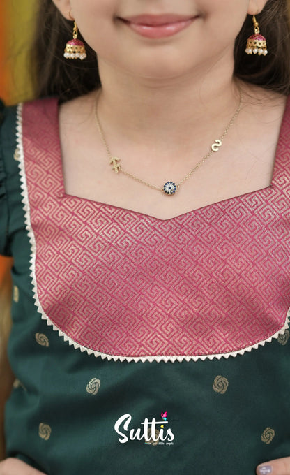 Blended Silk Pavadai Sattai - Deep Pink and Dark Green Kids-Suttis