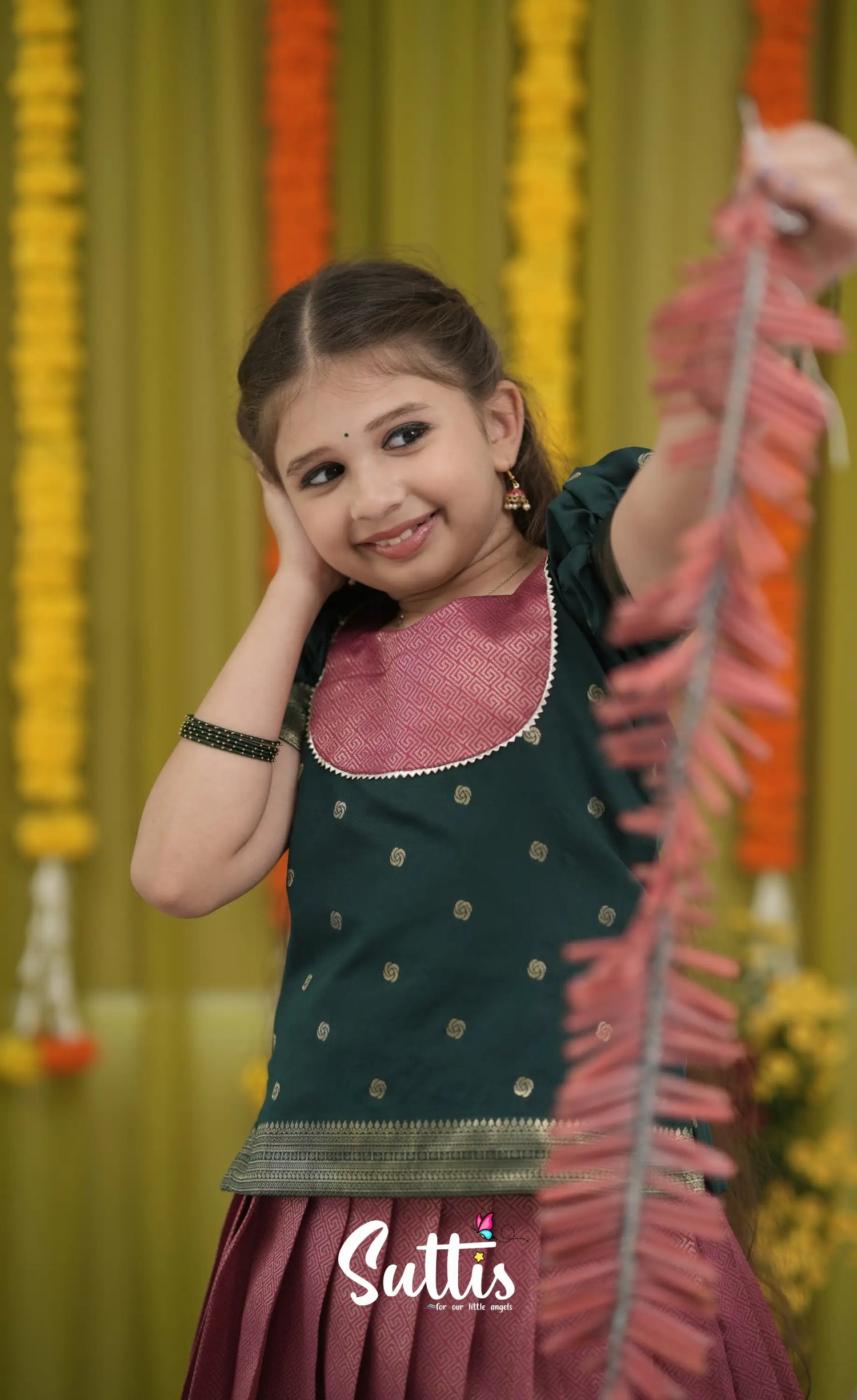 Blended Silk Pavadai Sattai - Deep Pink and Dark Green Kids-Suttis