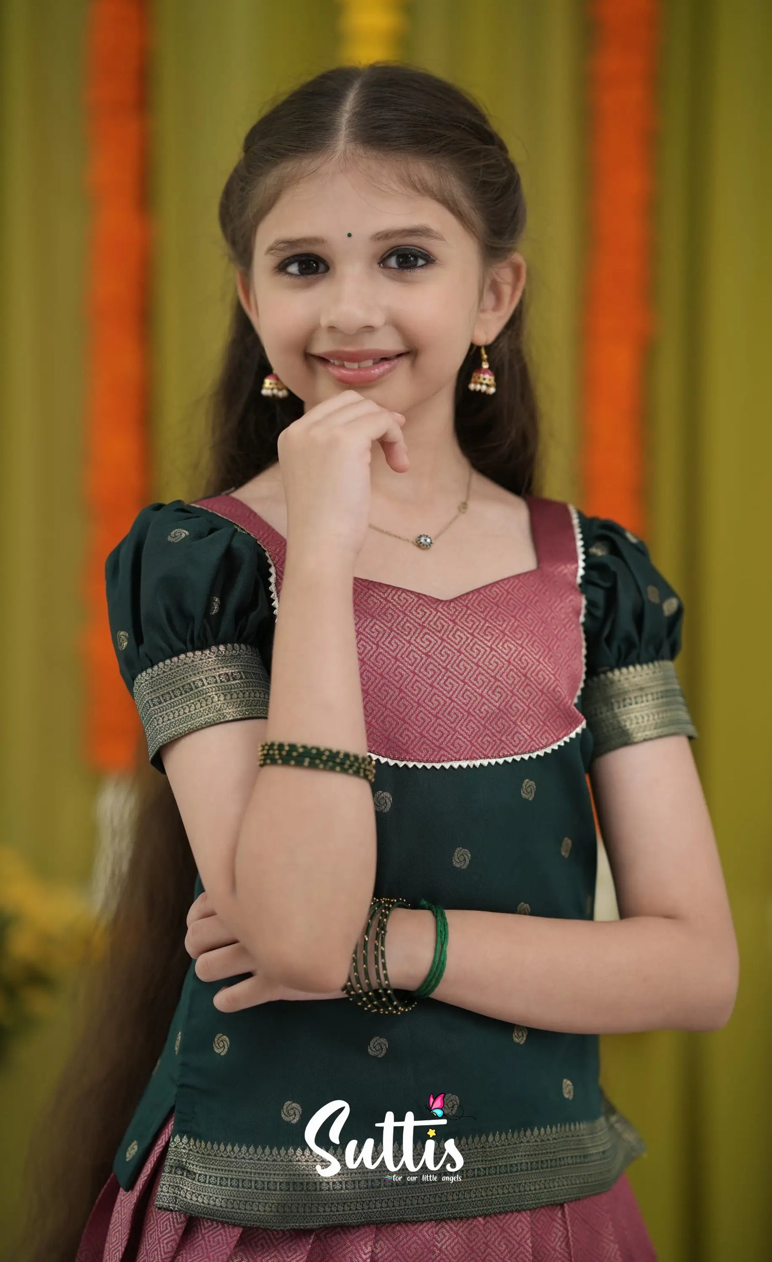Blended Silk Pavadai Sattai - Deep Pink and Dark Green Kids-Suttis
