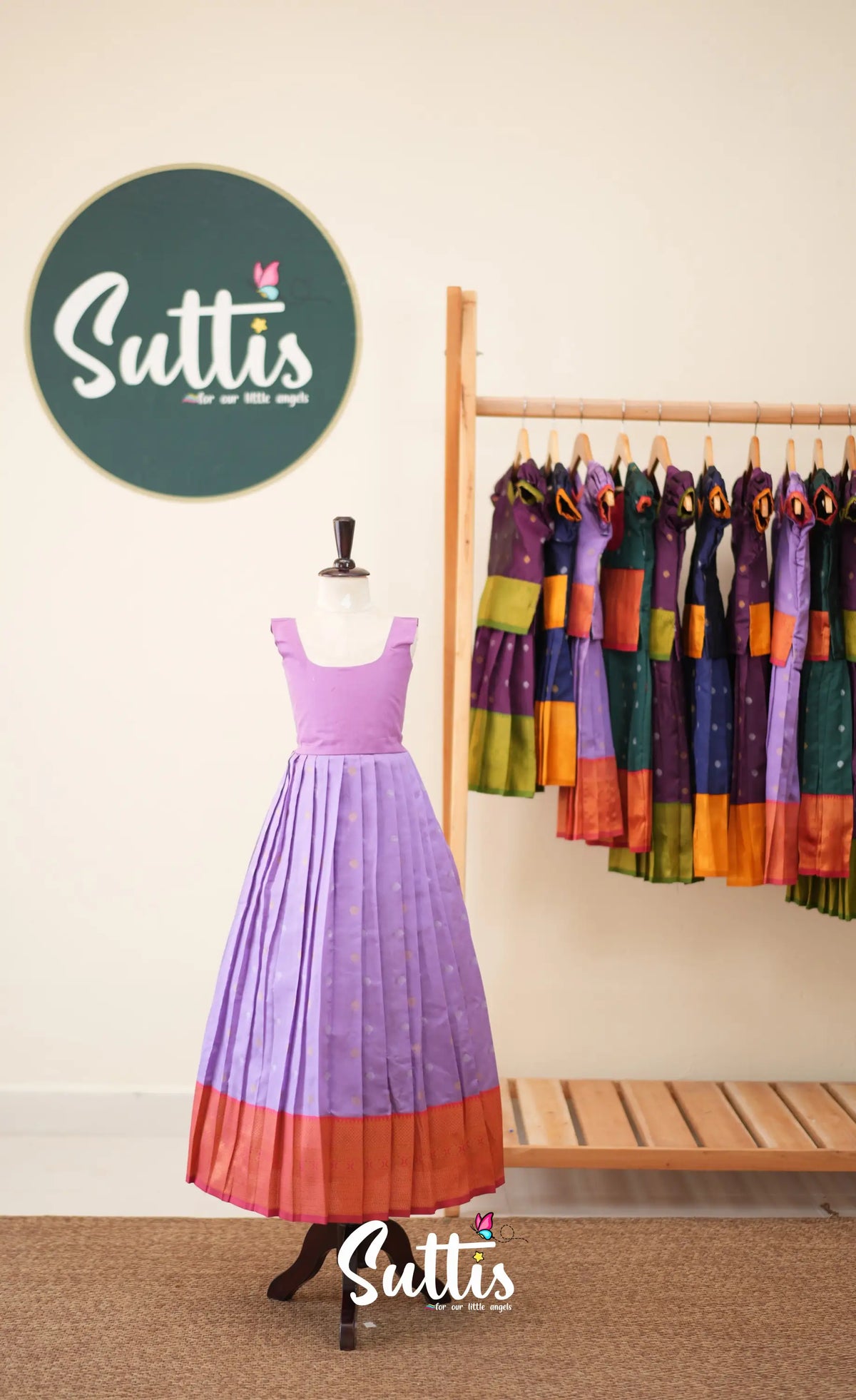Blended Silk Pavadai Sattai - Lavender and Coral Orange - Kids-Suttis