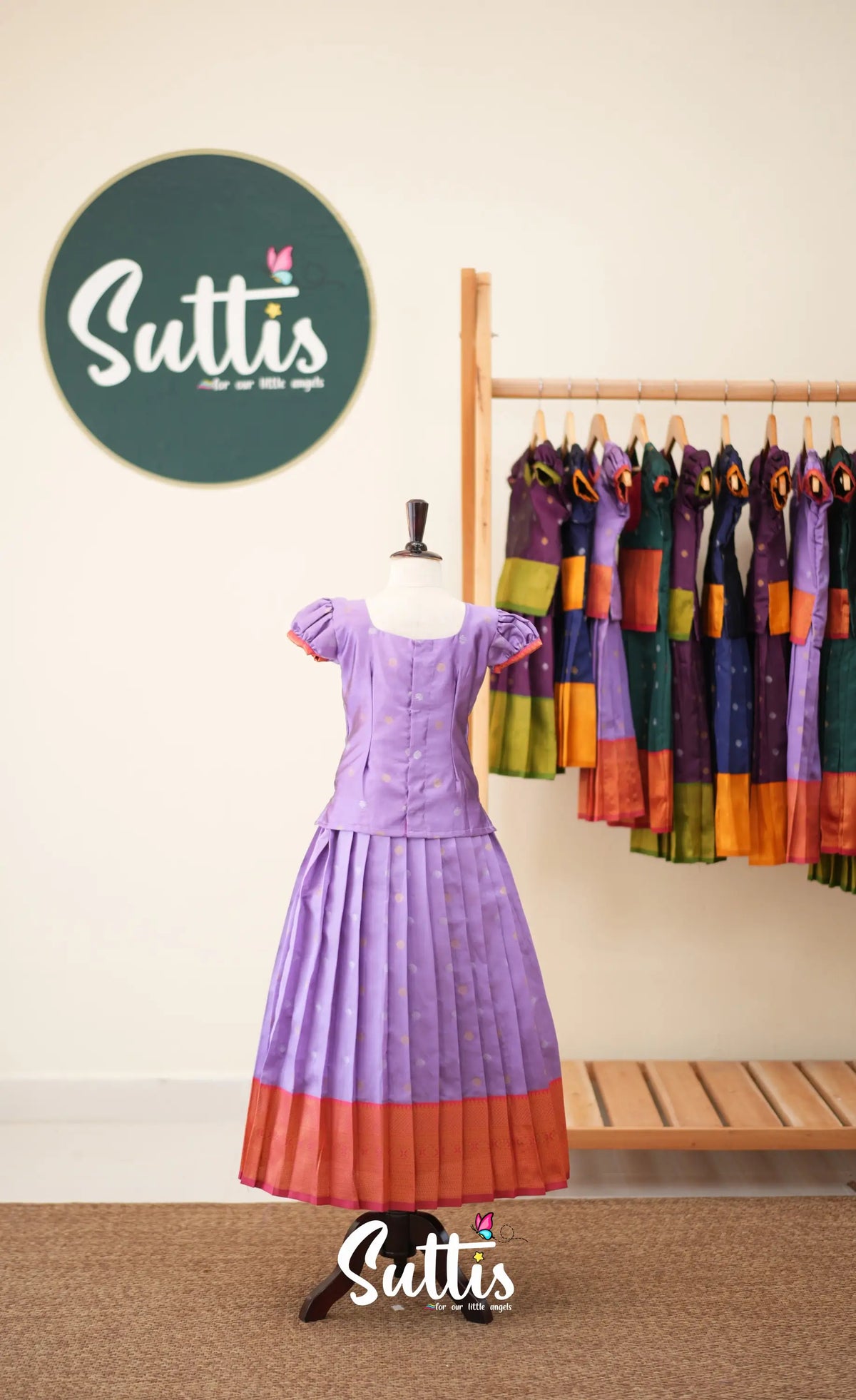 Blended Silk Pavadai Sattai - Lavender and Coral Orange - Kids-Suttis