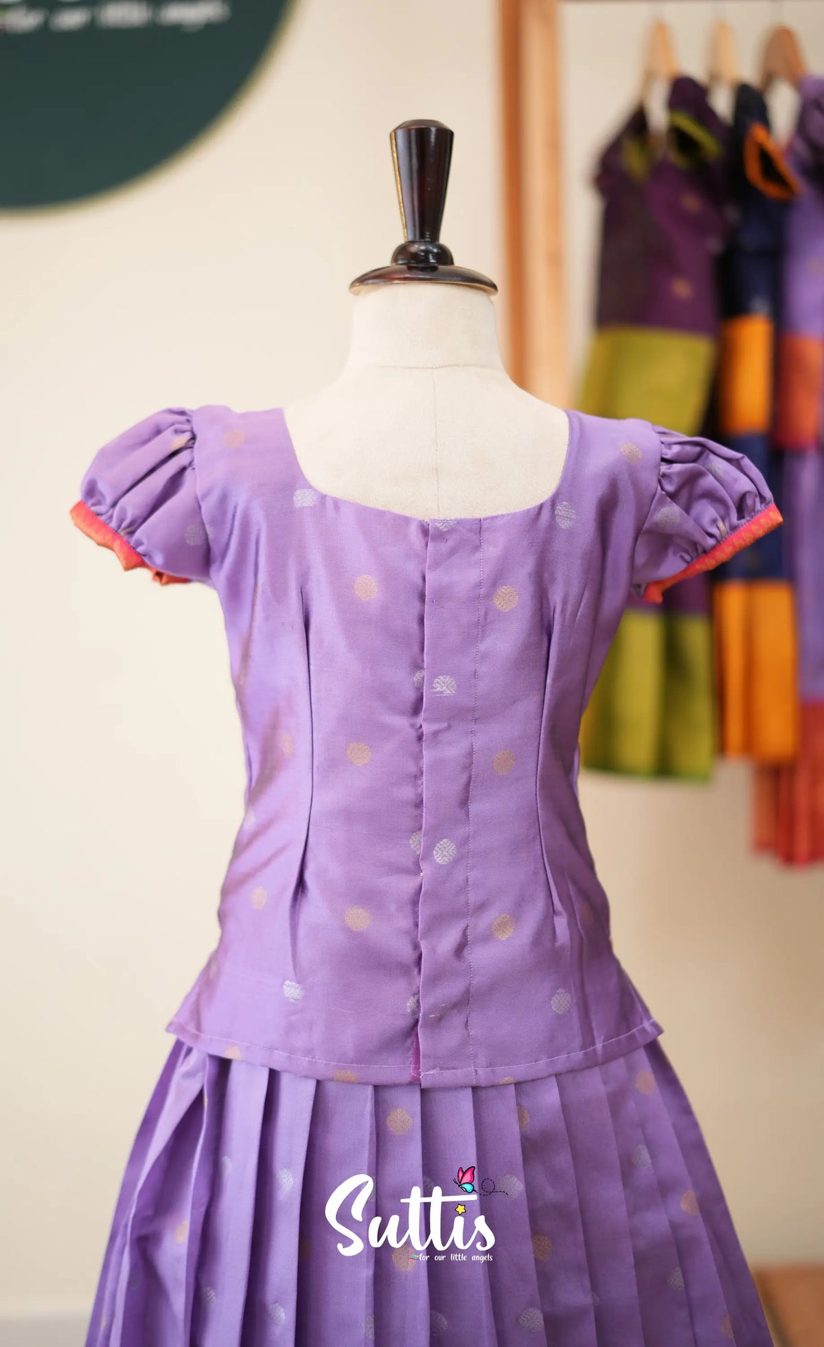 Blended Silk Pavadai Sattai - Lavender and Coral Orange - Kids-Suttis