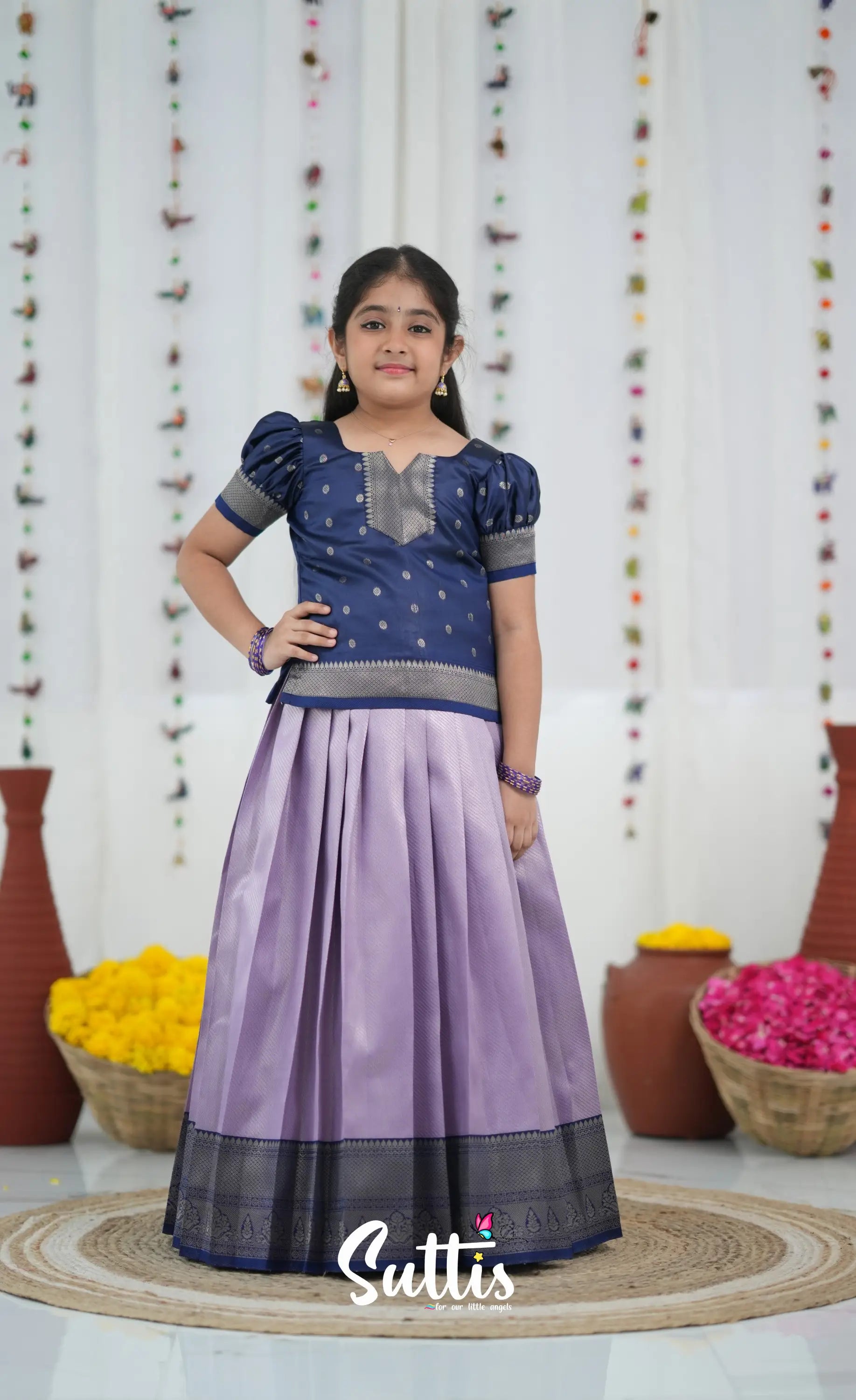 Blended Silk Pavadai Sattai Lavender and navy Blue Kids Suttis