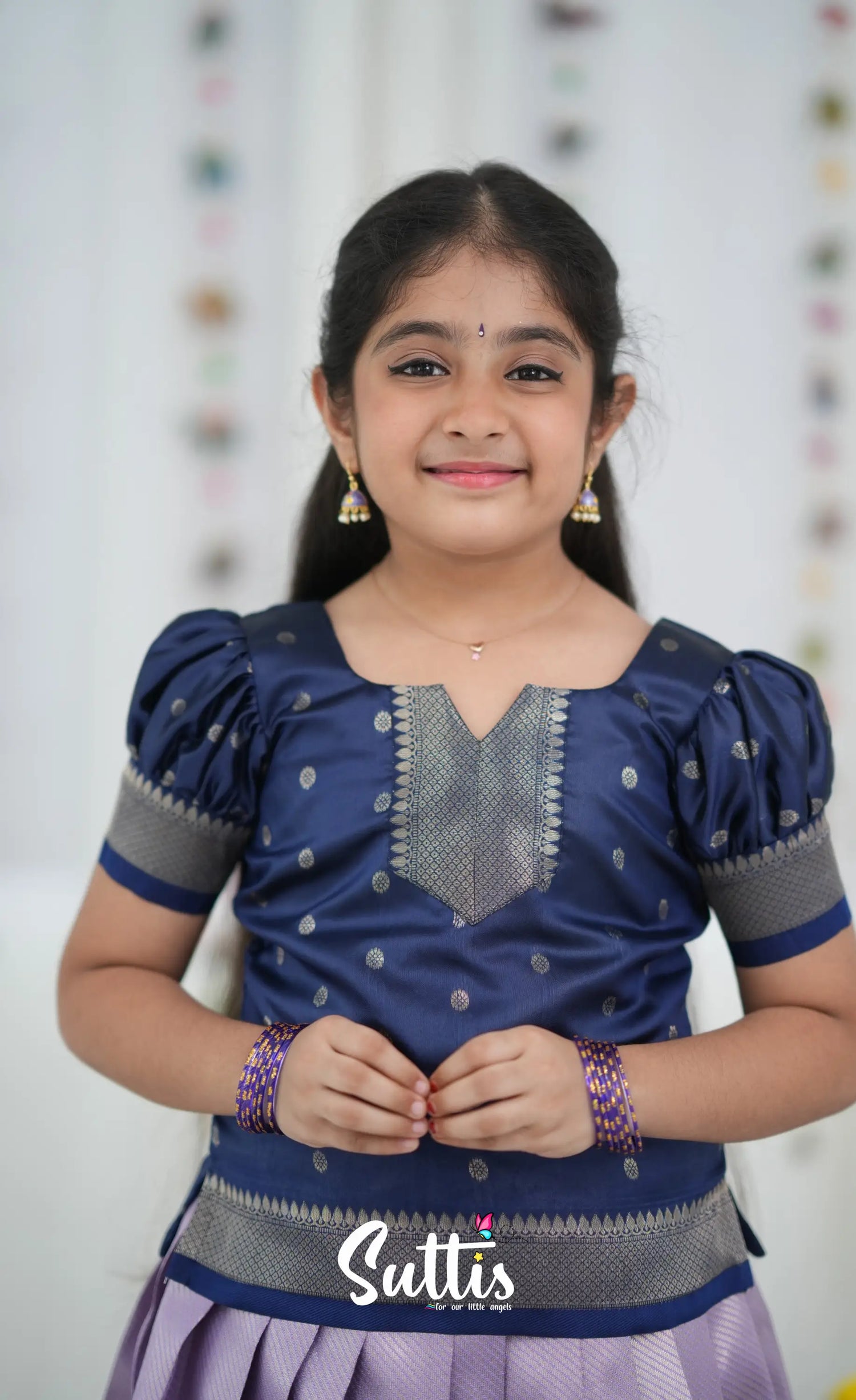 Blended Silk Pavadai Sattai Lavender and navy Blue Kids Suttis