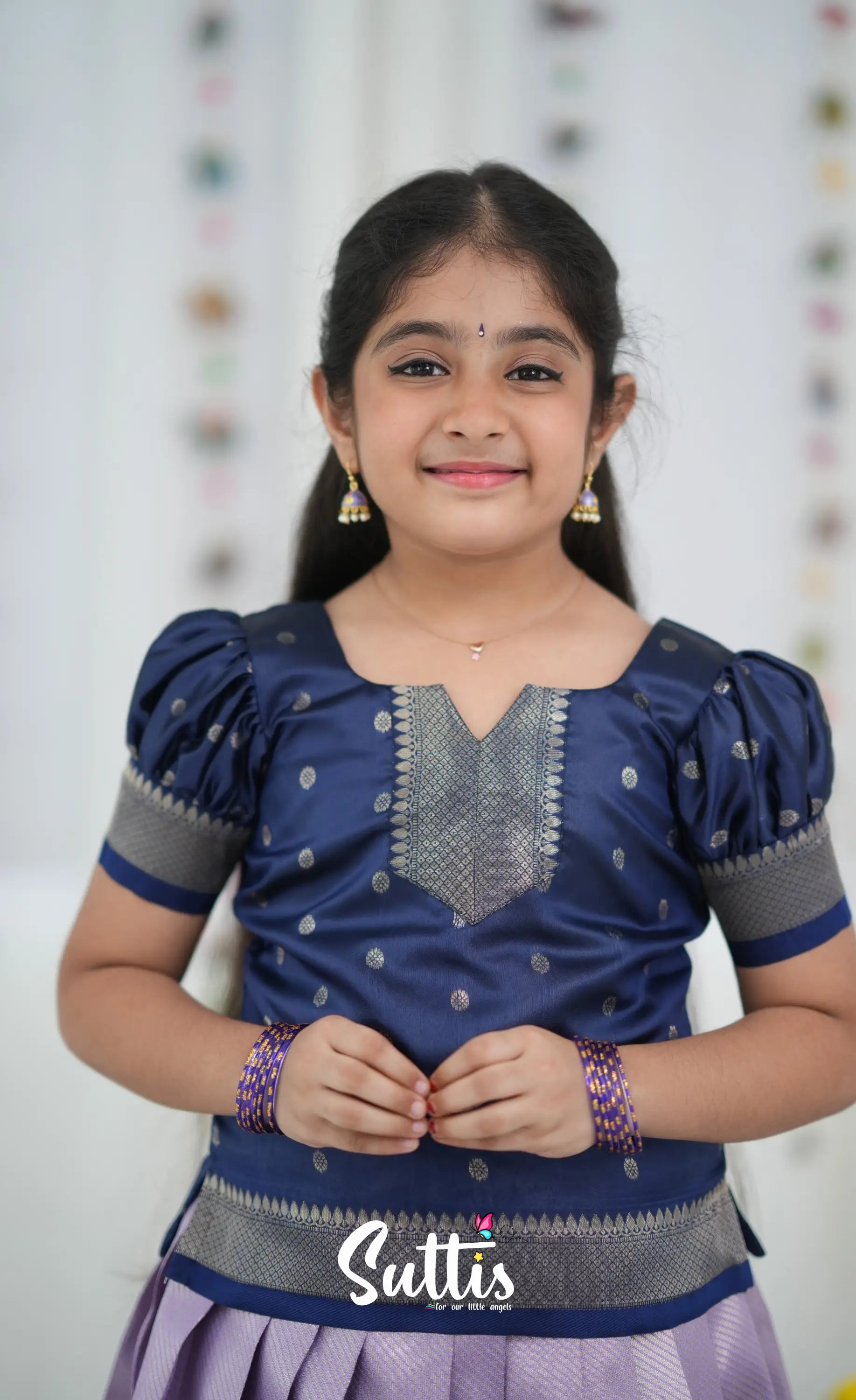 Blended Silk Pavadai Sattai Lavender and navy Blue Kids Suttis