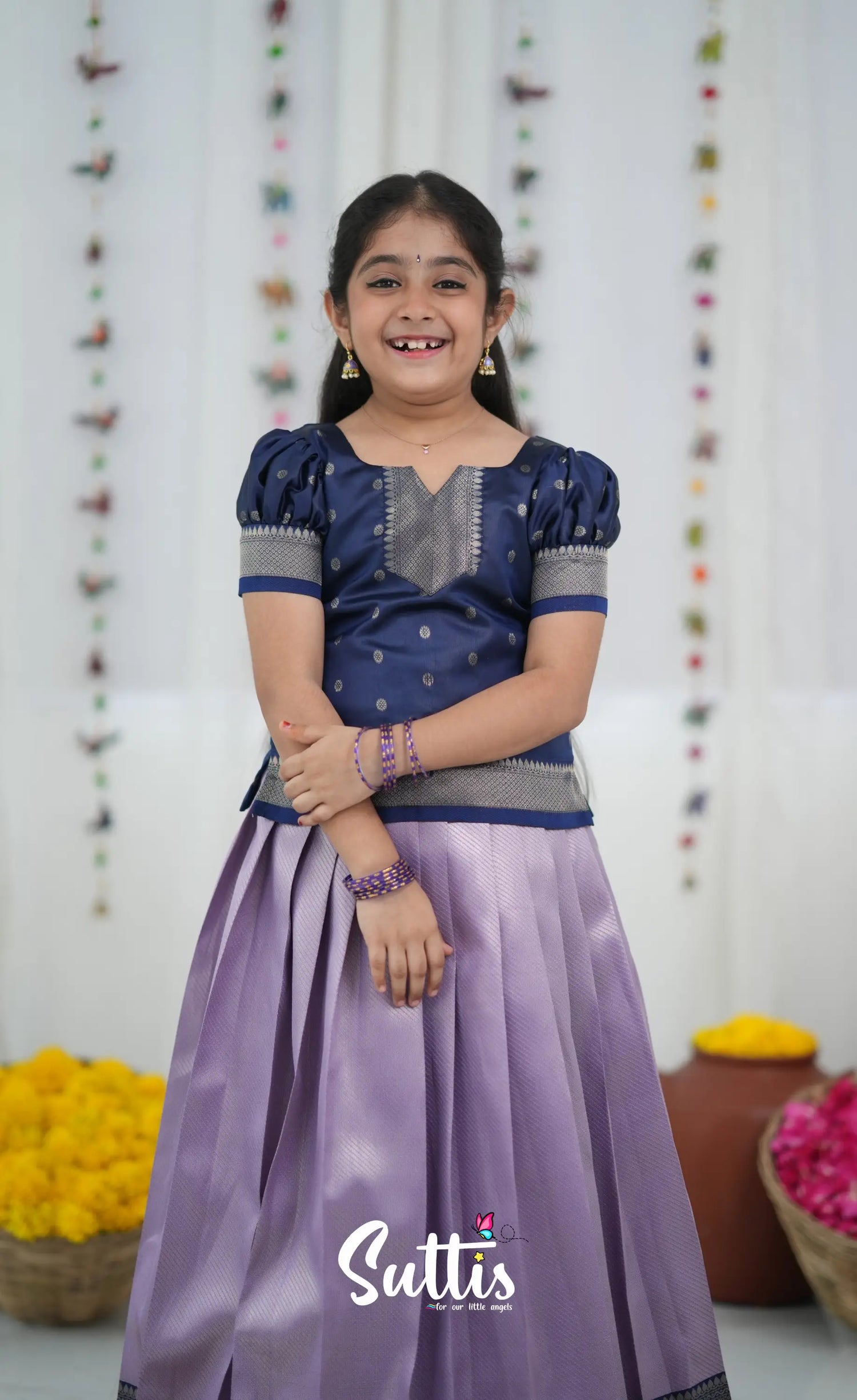 Blended Silk Pavadai Sattai Lavender and navy Blue Kids Suttis
