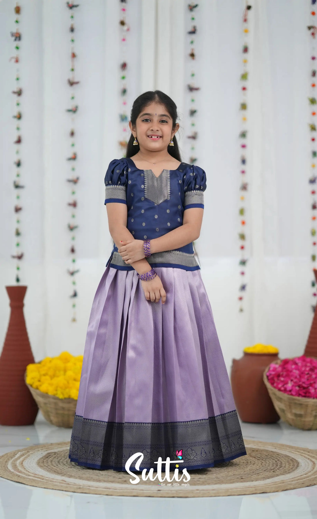 Blended Silk Pavadai Sattai Lavender and navy Blue Kids Suttis