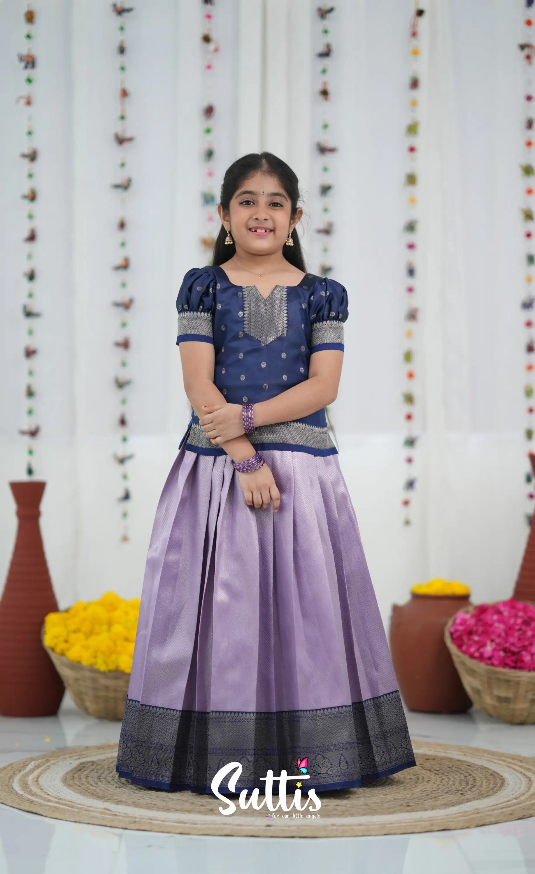 Blended Silk Pavadai Sattai Lavender and navy Blue Kids Suttis