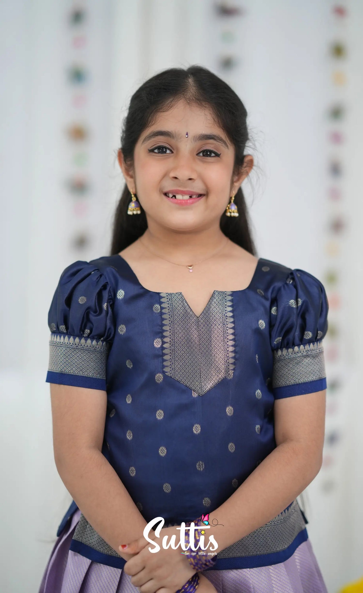 Blended Silk Pavadai Sattai Lavender and navy Blue Kids Suttis