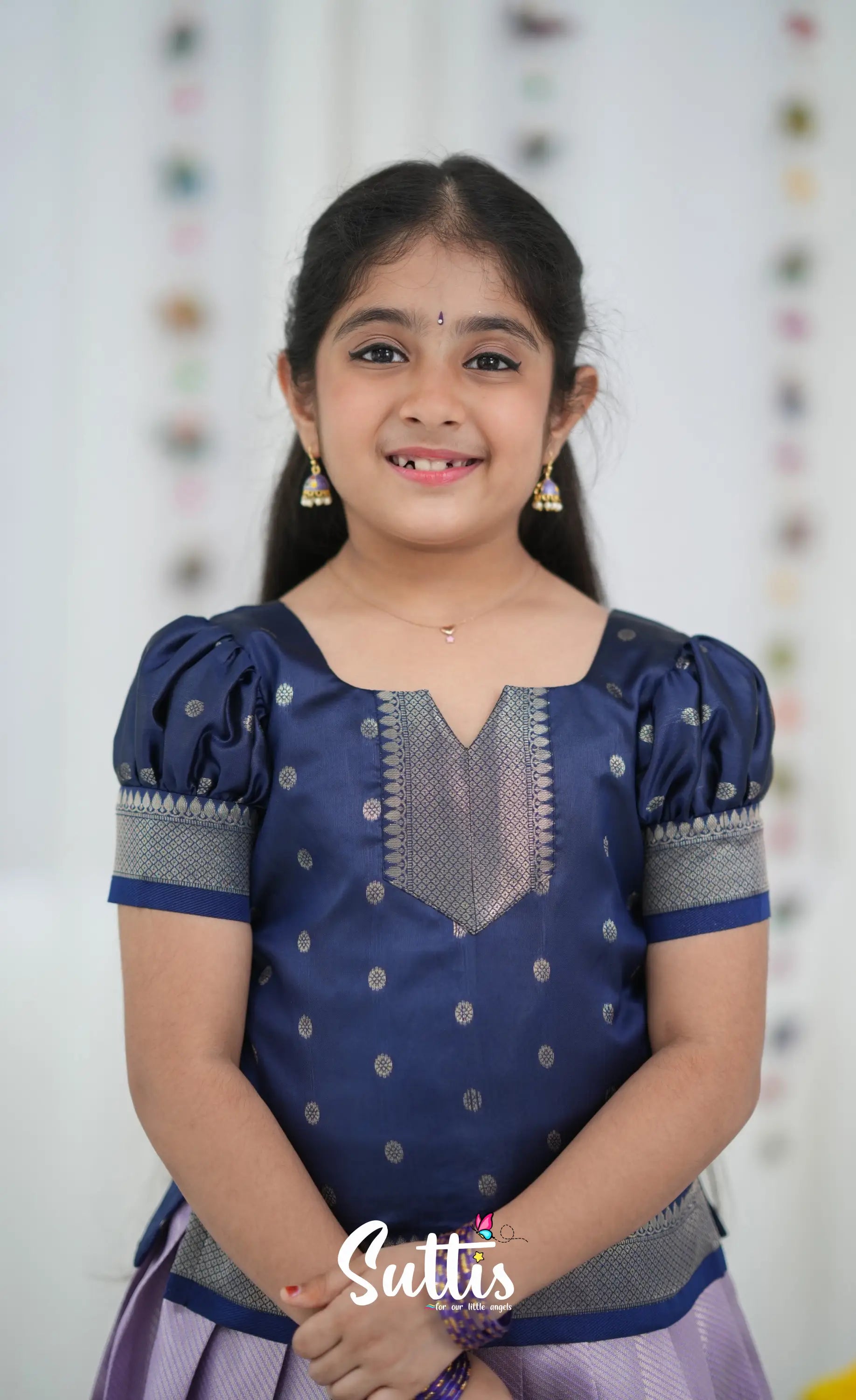 Blended Silk Pavadai Sattai Lavender and navy Blue Kids Suttis
